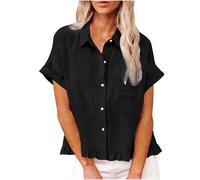 AMhomely Cotton Linen Blouses for Women UK-Short Sleeve Button Down Shirts,Ruffle Hem,Oversized Casual Office Dressy Tops with Breasted Pocket,Turndown Collar Tunic,Holiday Vacation A Black S