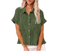 AMhomely Cotton Linen Blouses for Women UK-Short Sleeve Button Down Shirts,Ruffle Hem,Oversized Casual Office Dressy Tops with Breasted Pocket,Turndown Collar Tunic,Holiday Vacation A Army Green S