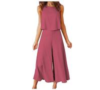 AMhomely Cotton Linen Casual Outfits For Women Co Ord Sets Solid Sleeveless Camis Trousers Sets Two Piece Casual Wide Legs Trousers Outfits Vest Pants Loungesuits Ladies Holiday Purple S