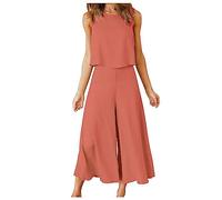 AMhomely Cotton Linen Casual Outfits For Women Co Ord Sets Solid Sleeveless Camis Trousers Sets Two Piece Casual Wide Legs Trousers Outfits Vest Pants Loungesuits Ladies Holiday Red M