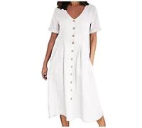 AMhomely Cotton Linen Dresses for Women-Button Down Dress Plus Size,V Neck Shirt Dresses with Pocket,Pleated A-line Sundress,Solid Casual Swing Dress,Office Work Holiday Vacation A White XXL