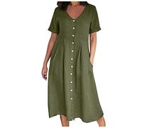 AMhomely Cotton Linen Dresses for Women-Button Down Dress Plus Size,V Neck Shirt Dresses with Pocket,Pleated A-line Sundress,Solid Casual Swing Dress,Office Work Holiday Vacation A Army Green 3XL