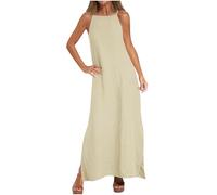 AMhomely Cotton Linen Dresses for Women Spaghetti Strap Summer Maxi Dress Split Hem Solid Casual Sundress Elegant Party Beach Dresses Long Shift Dress Holiday Vacation 03 Beige XL