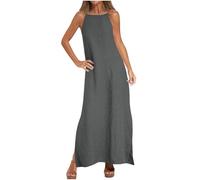 AMhomely Cotton Linen Dresses for Women Spaghetti Strap Summer Maxi Dress Split Hem Solid Casual Sundress Elegant Party Beach Dresses Long Shift Dress Holiday Vacation 03 Dark Grey XL