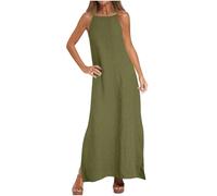 AMhomely Cotton Linen Dresses for Women Spaghetti Strap Summer Maxi Dress Split Hem Solid Casual Sundress Elegant Party Beach Dresses Long Shift Dress Holiday Vacation 03 Army Green S