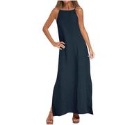 AMhomely Cotton Linen Dresses for Women Spaghetti Strap Summer Maxi Dress Split Hem Solid Casual Sundress Elegant Party Beach Dresses Long Shift Dress Holiday Vacation 03 Navy S
