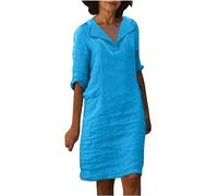 AMhomely Cotton Linen Dresses for Women UK Plus Size Long Sleeve Midi Dresses Summer Lapel V Neck Casual Solid Elegant Party Dress Knee Length Shift Dress Going Out Holiday Blue S