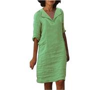 AMhomely Cotton Linen Dresses for Women UK Plus Size Long Sleeve Midi Dresses Summer Lapel V Neck Casual Solid Elegant Party Dress Knee Length Shift Dress Going Out Holiday Green XL