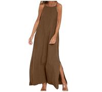 AMhomely Cotton Linen Maxi Dress for Women - Summer Spaghetti Straps Long Dress with Pocket for Holiday Beach - Solid Loose Pullover Flowy Casual Sundress Brown S