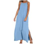 AMhomely Cotton Linen Maxi Dress with Pocket - Summer Spaghetti Straps Long Holiday Beach Dress - Solid Loose Pullover Flowy Casual Sundress for Women Blue XL