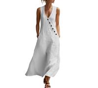 AMhomely Cotton Linen Maxi Dresses for Women UK-Plus Size Sleeveless Summer Dresses,Button V Neck Casual Evening Gown,Solid Baggy A-line Dress,Elegant Flowy Loose Sundress,Going Out B White L