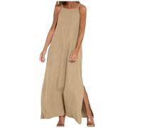 AMhomely Cotton Linen Maxi Dresses for Women UK Summer Dresses with Pocket Solid Casual A-line Loose Beach Sleeveless Tank Dress Cocktail Hawaiian Sundress Khaki XL