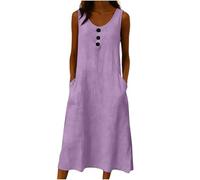 AMhomely Cotton Linen Midi Dress for Women - Round Neck Sleeveless Button Front Crinkle Dress with Pockets - Comfortable Church & Holiday Outfit