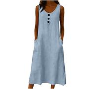 AMhomely Cotton Linen Midi Dress for Women - Round Neck Sleeveless Button Front Crinkle Dress with Pockets - Comfortable Church & Holiday Outfit