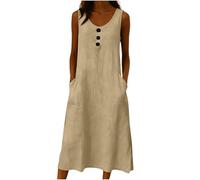 AMhomely Cotton Linen Midi Dress for Women - Round Neck Sleeveless Button Front Crinkle Dress with Pockets - Comfortable Church & Holiday Outfit