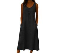 AMhomely Cotton Linen Midi Dress for Women - Round Neck Sleeveless Button Front Crinkle Dress with Pockets - Comfortable Church & Holiday Outfit