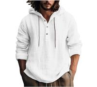 AMhomely Cotton Linen Shirt Men Linen Hoodies For Men UK Button Down Collar Shirts Drawstring Hooded Pullover Tops Solid Basic Tees Shirts Classic Breathable Henley Beach White S