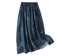 AMhomely Cotton Linen Shirts Women Ladies A Line Maxi Skirts Vintage Floral Print Skirts Elastic Waisted Casual Drawstring Beach Loose Swing Holiday Vactaion Blue XXL