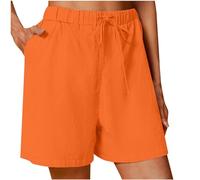 AMhomely Cotton Linen Shorts Ladies Summer Beach Shorts Holiday Vacation Elastic Waisted Drawstring Short Pants with Pocket Straight Leg Casual SweatShorts Comfort Hot Pants 05 Orange L