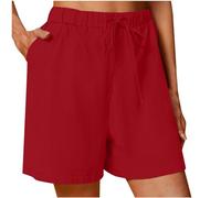 AMhomely Cotton Linen Shorts Ladies Summer Beach Shorts Holiday Vacation Elastic Waisted Drawstring Short Pants with Pocket Straight Leg Casual SweatShorts Comfort Hot Pants 05 Red XXL