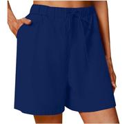 AMhomely Cotton Linen Shorts Ladies Summer Beach Shorts Holiday Vacation Elastic Waisted Drawstring Short Pants with Pocket Straight Leg Casual SweatShorts Comfort Hot Pants 05 Dark Blue M