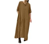 AMhomely Cotton/Linen Summer Maxi Dresses for Women UK 3/4 Sleeve Midi Dress Buttons Casual Dresses Pocket Lagenlook Loose Fit Pullover Dress Patchwork Swing Holiday Vacation 01 Khaki L