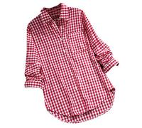 AMhomely Cotton Linen Tops for Women UK Ladies Plus Size Tunic Tops Checked Tunic Tops Long Sleeve Tee Shirts Checked Pullover Tops with Pocket Turn Down Collar Lapel Casual Office Blouse Work Pink L