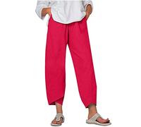 AMhomely Cotton Linen Trousers Women 3/4 Summer Trousers Women UK Plus Size Cropped Pocket Elastic Waisted Casual Pants Straight Leg Pocket Loose Fit Boho Pants Watermelon Red XXL