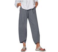 AMhomely Cotton Linen Trousers Women 3/4 Summer Trousers Women UK Plus Size Cropped with Pocket Elastic Waisted Casual Pants Straight Leg with Pocket Loose Fit Boho Pants Grey XXL