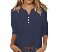 AMhomely Cotton Tops for Women UK - Linen Blend 3/4 Sleeve V Neck Tops | Loose Fit Lightweight Pullover for Casual & Going Out