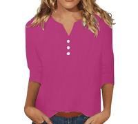 AMhomely Cotton Tops for Women UK - Linen Blend 3/4 Sleeve V Neck Tops | Loose Fit Lightweight Pullover for Casual & Going Out