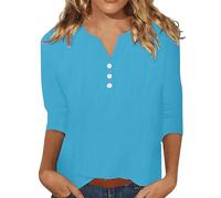 AMhomely Cotton Tops for Women UK - Linen Blend 3/4 Sleeve V Neck Tops | Loose Fit Lightweight Pullover for Casual & Going Out