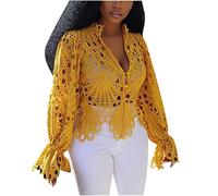 AMhomely Crochet Cover Up Tops for Women UK Long Sleeve Butterfly Shirts Bell Sleeve Cropped Tops Elegant Party Tunic Tops Blouse Solid Going Out Hollow Short Tops Beach Blouse Clubwear Yellow S