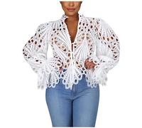 AMhomely Crochet Cover Up Tops for Women UK Long Sleeve Butterfly Shirts Bell Sleeve Cropped Tops Elegant Party Tunic Tops Blouse Solid Going Out Hollow Short Tops Beach Blouse Clubwear White XXL