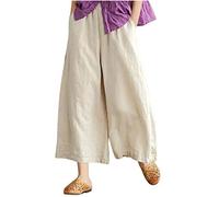 AMhomely Cropped Trousers for Women Cotton Linen Culottes Pants with Pocket Plus Size Casual Trousers High Waist Loose Palazzo Trousers Vintage Hippie Trousers Ladies Lounge Pants Going Out Beige L