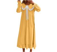 AMhomely Cute Sleepdress Sleepshirt Women Long Sleeve Round Collar Lace Trim Midi Length Ruffle Hem Loungewear Homewear,S17- Yellow,5XL
