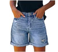 AMhomely Denim Shorts for Womens Pocket Jeans Denim Pants Female Hole Bottom Sexy Casual ShortsStretchy Distressed Jeans Boyfriend Hotpants Half Pants Summer Ripped Short