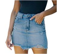 AMhomely Denim Skirt for Women Summer Casual Mini Skirt High Waisted Distressed Denim Short Skirt Ladies Casual Straight A Line Skirts UK, 01 Light Blue