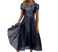 AMhomely Dress for Women UK Elegant Party Long-Chiffon and Lace Evening Dresses,Plus Size Bodycon Prom Gown,Pleated Flowy Summer Dress,Bird of Mother,Going Out,Tea Party A Navy XL