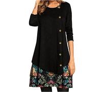AMhomely Dresses for Women UK Elegant Party Dress Women Autumn Casual Full Sleeve Button O-Neck Floral Printed Dress Ladies Knee Length Midi Shift Dresses C-Black