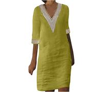 AMhomely Dresses for Women UK Solid Short Sleeve Party Dress Crochet Lace Cotton Linen Dress Elegant Party Casual Dress Summer Plain Lace V Neck Wrap Dress Ladies Plus Size Holiday Dress Yellow 3XL