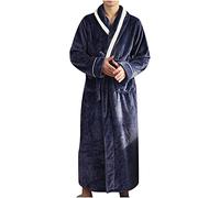 AMhomely Dressing Gown Men Flannel Long Sleeve Shawl Collar Warm Winter Bathrobe Long Plush Fleece Housecoat With Belt Solid Fluffy Nightrobe Fall Winter Thicken Fuzzy Sleepwear Robe Navy M