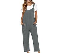 AMhomely Dungarees for Women UK Cotton Linen Palysuits Vintage Straight Wide Leg Jumpsuits with Pocket Plus Size Overalls Trousers Work Office Plain Baggy Hippie Rompers Trousers Holiday Dark Grey M