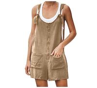 AMhomely Dungarees Shorts Plus Size with Pocket Jumpsuits Shorts Solid Cotton Linen Playsuit Shorts Square Neck Knot Straps Overalls Shorts Plain Overalls Shorts , 04 Khaki, XL