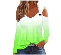 AMhomely Elegant Blouse for Women Cold Shoulder Long Sleeve Tops Gradient Casual Tees Shirts V Neck Loose Pleated Tees Shirts Vintage Ethnic Printed Casual Blouse Office Work Going Out Green XXL
