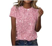 AMhomely Elegant Blouse & Tunic Tops for Women - Sparkling Gradient Sequins Print Casual Crewneck Loose Fit Pullover Shiny Shirts - Office Work Pink XXL