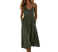 AMhomely Elegant Party Swing Dresses - Ladies Summer Dresses,Adjustable Sleeveless Dress,Midi Calf Length,Cotton Pleated A-line Sundress with Pocket,for Office Work Holiday Vacation A Army Green S