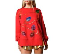 AMhomely Elegant Top for Ladies Sequin Tops for Women UK Long Sleeve Leaf Graphic Oversized Tee Shirts Crewneck Loose Pullover Tops Cute Pattern Blouse Shirts Sparkling Party Going Out Red XXL
