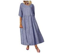 AMhomely Ethnic Dresses for Women - UK Plus Size Cotton & Linen Dresses - Vintage Gingham Print Boho Maxi Pleated Summer Casual Tunic Dress Crewneck Tunic Pocket Blue 4XL