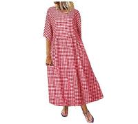 AMhomely Ethnic Dresses Plus Size Cotton Linen Dresses Vintage Gingham Print Boho Maxi Summer Casual Tunic Dress Crewneck Pleated Pocket Red XXL